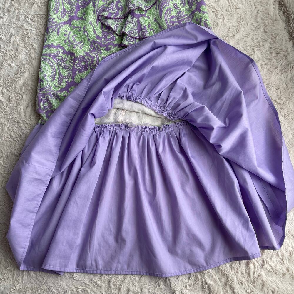 Vintage 60s ruffle front paisley print drop waist midi dress lilac purple green - Picture 7 of 15